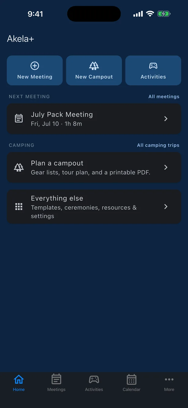 Akela+ home screen — quick actions, the next meeting, and camping all in one place
