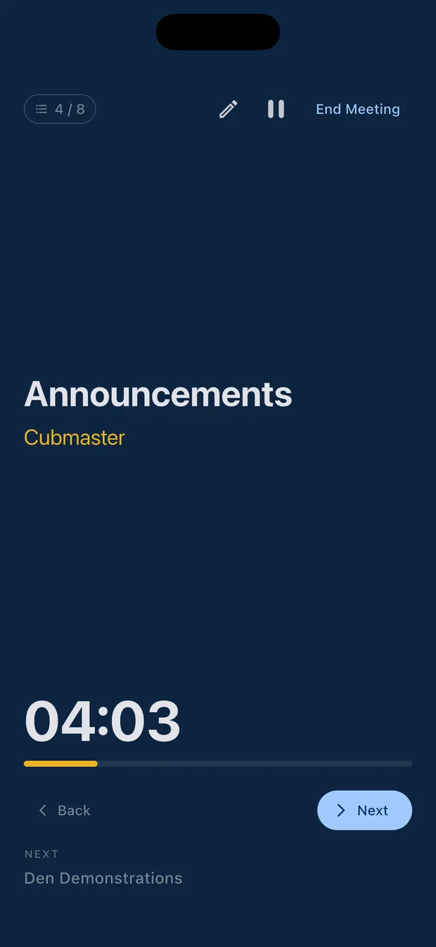Akela+ cue-card mode — the current meeting segment fills the screen with a large countdown timer and what's up next