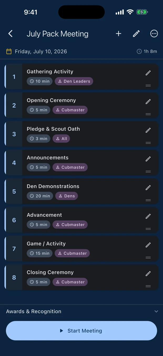 Meeting agenda editor showing timed blocks with presenters